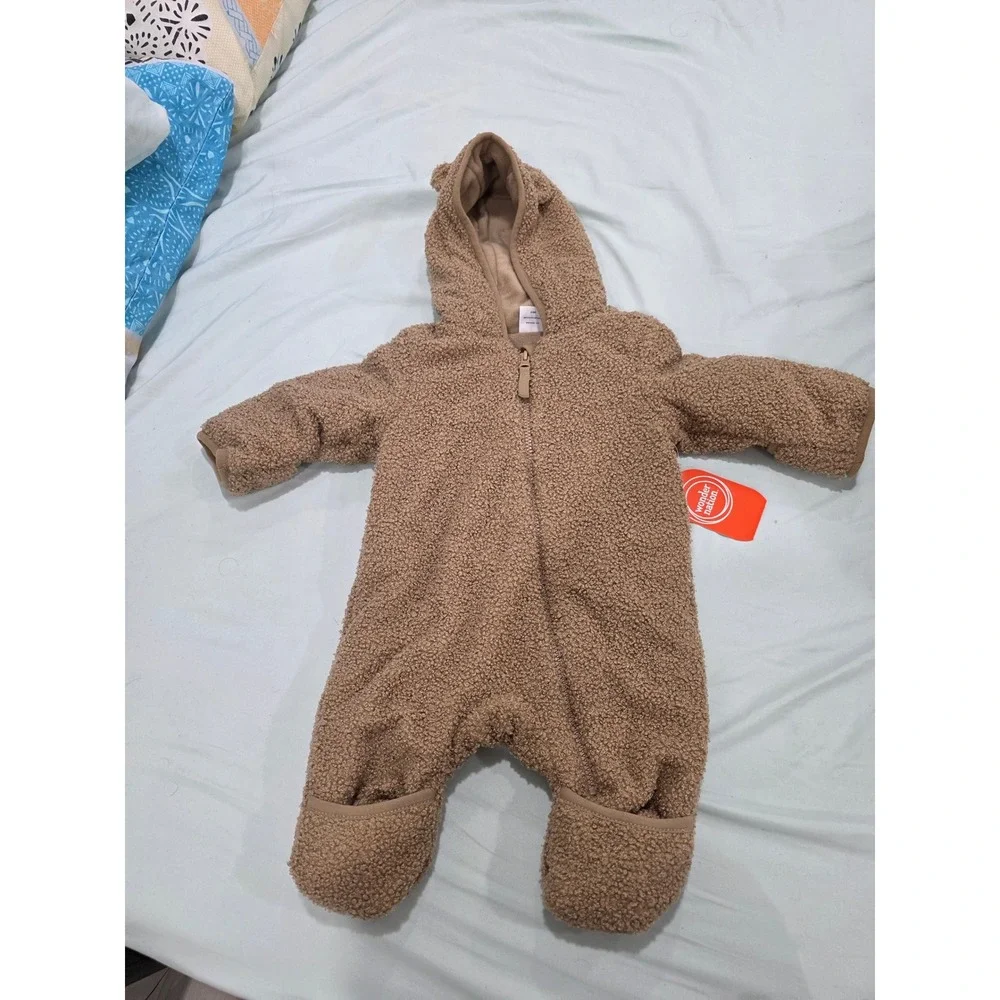 Wonder Nation Baby Sherpa Bunting Hooded Pram Suit Tan Brown 3-6M NWT
